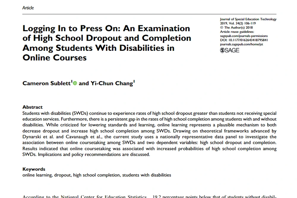 Logging In to Press On: An Examination of High School Dropout and Completion Among Students With Disabilities in Online Courses.